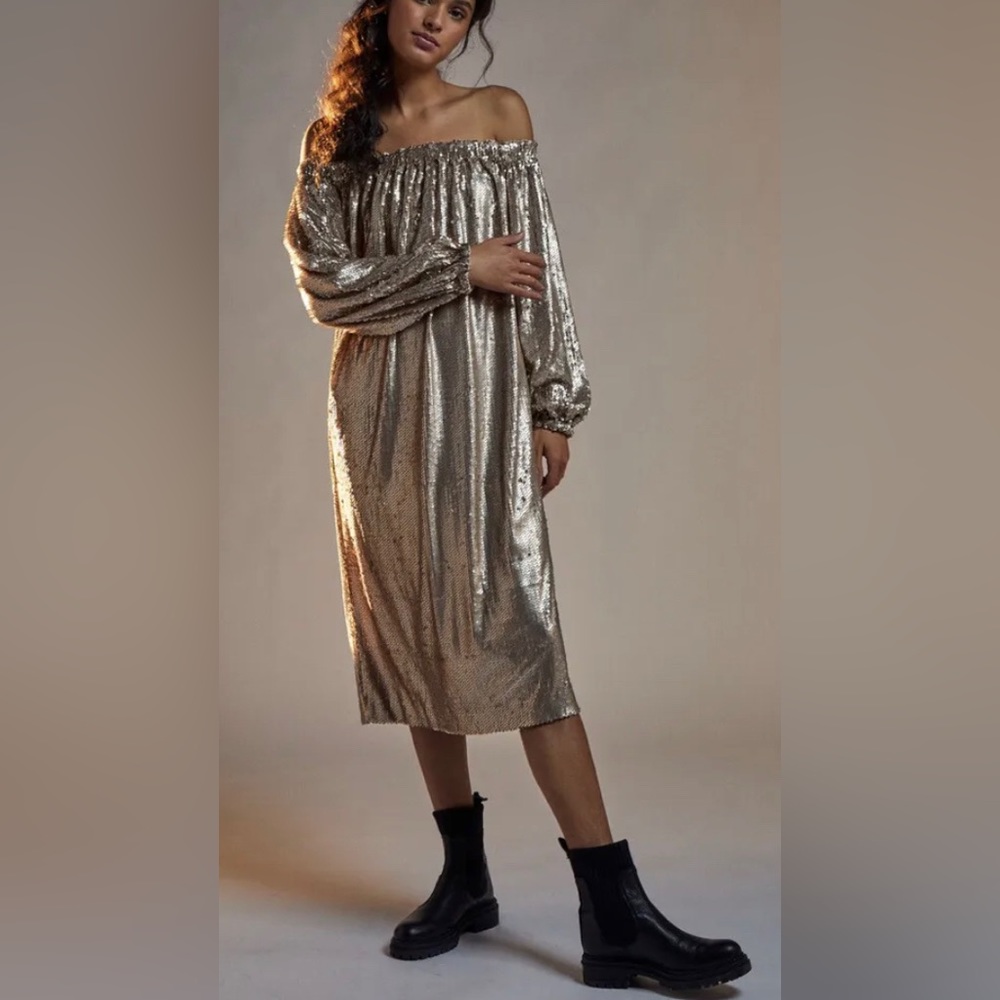Sequined off shoulder gold dress